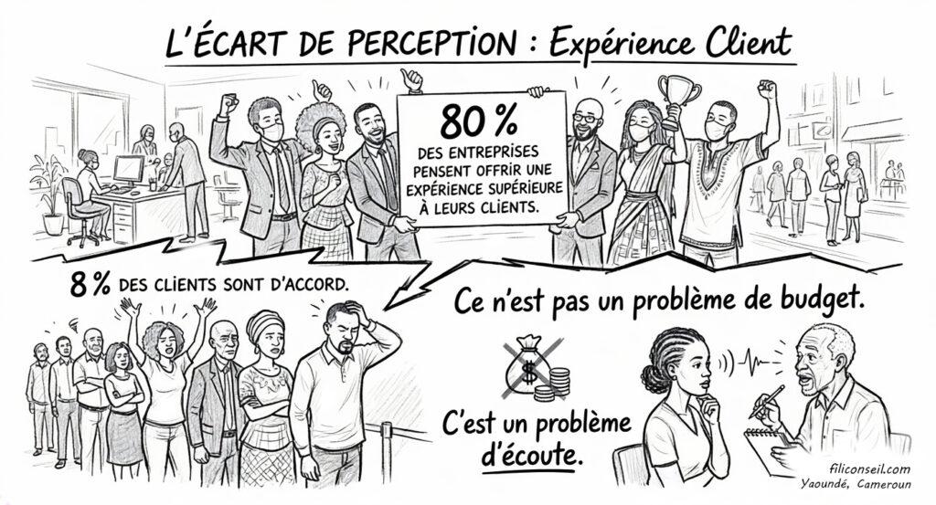 Filï - illustration de l'écart de perception : expérience client. Filï - illustration de l'écart de perception : expérience client. Croquis professionnels qui célèbrent leur victoire sans savoir que les clients ne sont pas satisfaits